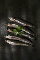 vers sardines in een zwart schotel met kruiden foto