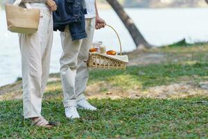 paar wandelen in tuin met picknick mand. in liefde paar is genieten van picknick tijd in park buitenshuis foto