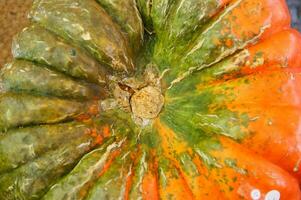 een dichtbij omhoog van een pompoen met een groot oranje centrum foto