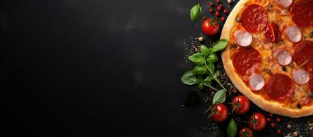 een heerlijk peperoni pizza en Koken ingrediënten zo net zo tomaten en basilicum Aan een zwart beton foto