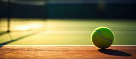 een detailopname beeld van een tennis bal en racket aan het liegen Aan een zonnig tennis rechtbank, met kopiëren ruimte beschikbaar foto