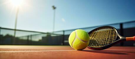 tennis bal en racket gepositioneerd Aan een tennis rechtbank Aan een zonnig dag, met vrij ruimte voor kopiëren foto