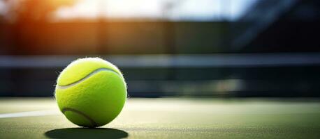 een detailopname afbeelding van een tennis bal Aan een tennis rechtbank in de buurt de netto. de beeld heeft een gefocust visie foto