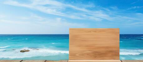 een blanco houten teken is weergegeven tegen de backdrop van een blauw lucht en zee met golven. de teken foto
