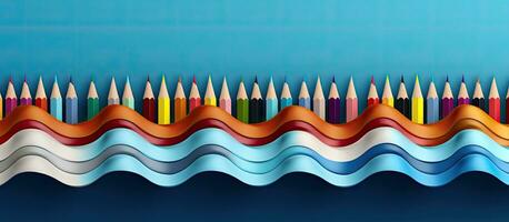 naadloos horizontaal patroon van gekleurde potloden geregeld in een Golf vorm Aan een blauw achtergrond, het verstrekken van foto