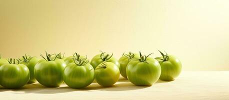 groen tomaten gelegd uit in helder zonlicht Aan een beige achtergrond met ruimte voor tekst foto