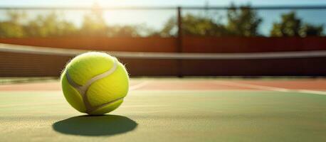 de tennis bal en tennis racket zijn aan het liegen Aan de tennis rechtbank Aan een zonnig dag, met leeg ruimte foto