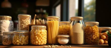 Daar zijn opslagruimte containers gevulde met meel en verschillend types van pasta Aan de keuken aanrecht. foto