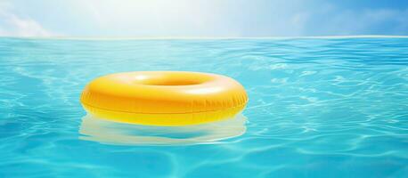 geel opblaasbaar ring drijvend in een zwemmen zwembad, vertegenwoordigen een vakantie concept. Daar is kopiëren foto