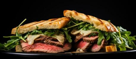 top visie van een steak belegd broodje met gesneden gebraden rundvlees, rucola, en kaas Aan een zwart achtergrond. foto