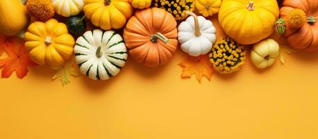 een modieus herfst vlak leggen met levendig herfst bloemen, pompoenen, en pattypan pompoenen geregeld foto