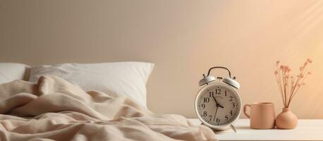 alarm klok en een kop van koffie geplaatst Aan een wit nachtkastje tafel in voorkant van een bed met grijs linnengoed. foto