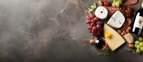 rood en wit wijn flessen, druif, kaas en worstjes over- steen tafel. top visie met kopiëren foto