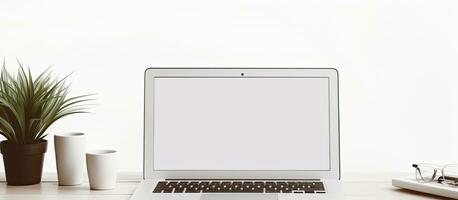 wit kantoor bureau werkplaats met blanco scherm tablet, laptop, pen en notitieboekje, top visie vlak foto