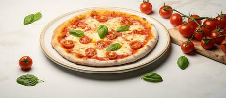 bord met heerlijk margherita pizza en tomaat saus Aan een licht getextureerde achtergrond. foto