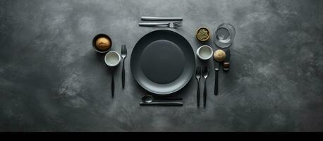 een grijs tafel met Nee voedsel maar met bestek Aan top wanneer bekeken van bovenstaande. foto