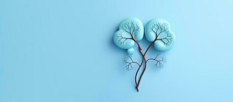 een decoratief model- van menselijk nieren is geplaatst Aan een pastel blauw achtergrond. de concept vertegenwoordigt foto