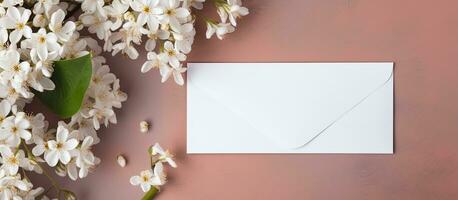 top visie mockup van een blanco papier groet kaart met een envelop en wit bloemen, langs met foto