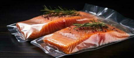 Zalm filets verpakt in een vacuüm zegel. een Koken methode gebeld sous-vide, welke toepassingen nieuw foto