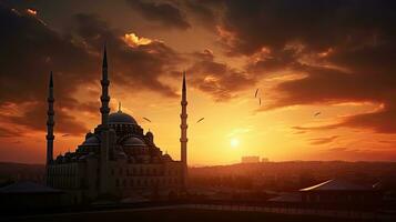 hoog kwaliteit foto van Istanbul s moskeeën Bij zonsondergang gedurende Ramadan