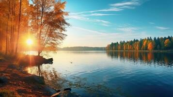 zonneschijn over- oranje gebladerte Aan een rivieroever in herfst landschap van Wit-Rusland of Europa Bij zonsopkomst foto