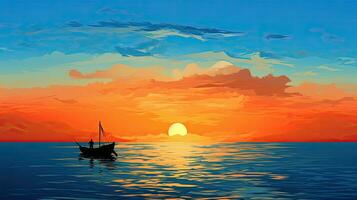 boot schets Aan oranje en blauw lucht reflecterend in de zee foto