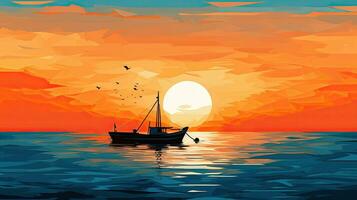 boot schets Aan oranje en blauw lucht reflecterend in de zee foto
