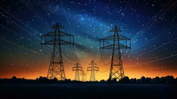 energie infrastructuur concept transmissie torens met lichtgevend oranje draden tegen een sterrenhemel nacht backdrop foto