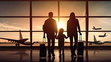 jong familie wandelen Bij luchthaven met bagage meisje tonen iets door venster foto