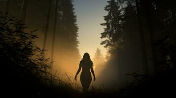 vrouw s silhouet in ochtend- de nevel te midden van bomen foto