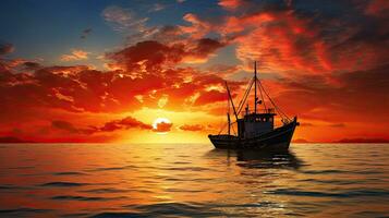 toneel- moment klein visvangst schip Bij zonsondergang het zeilen temidden van wolken foto