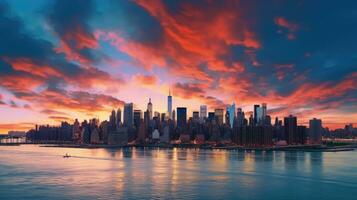 kleurrijk lucht over- oosten- rivier- met wolkenkrabbers in Midtown silhouet Bij zonsondergang foto