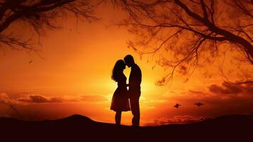 silhouetten van een Mens en vrouw in een natuur zonsondergang vertegenwoordigen liefde foto