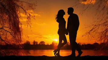 paren genieten natuur wandelen kom tot rust en vallen in liefde gedurende romantisch vergaderingen Bij zonsondergang foto