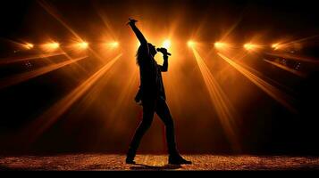 mannetje zanger s silhouet verlichte door stadium lichten Bij een rots concert foto