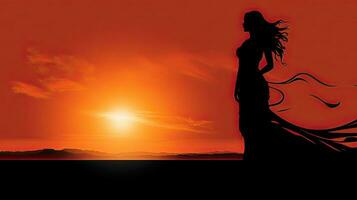 waarderen de zonsondergang vrouw s silhouet Bij vallen van de avond foto