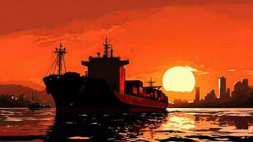 zonsondergang silhouet van een lading schip foto