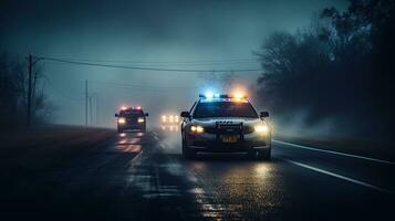 Politie auto's het rijden Bij nacht achtervolgen een auto in mist 911 Politie auto haasten naar misdrijf tafereel foto