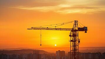 toren kraan Bij zonsondergang in Madrid Spanje gieten een silhouet tegen een mooi oranje achtergrond met de laatste stralen van zon foto