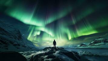 silhouet van een Mens Aan een berg met de Aurora borealis symboliseert vrijheid en reizen foto