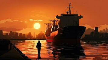 zonsondergang silhouet van een lading schip foto