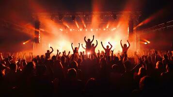 publiek verhogen handen genieten van leven muziek- festival concert rots band het uitvoeren van Aan buitenshuis stadium in spotlight foto