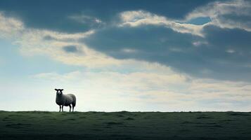 een eenzaam schapen silhouet tegen een gedeeltelijk bewolkt lucht met uitgebreid leeg ruimte foto