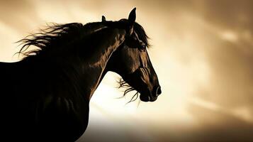 Arabisch paard silhouet tegen zonsopkomst in zwart en wit foto