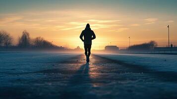 atleet oefenen Aan bevroren bijhouden in winter stad ochtend- motivatie foto