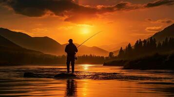 visser s silhouet tegen instelling zon backdrop Aan rivier- Bij zonsondergang foto