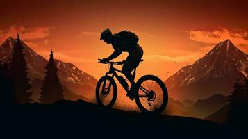 een Mens is berg fietsen Bij nacht door zichzelf foto