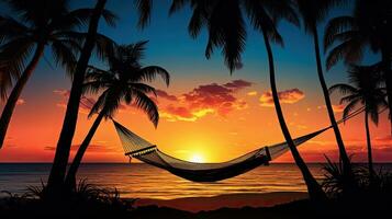 strand tafereel met hangmat en palm bomen Bij zonsondergang foto