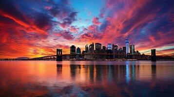 kleurrijk lucht over- oosten- rivier- met wolkenkrabbers in Midtown silhouet Bij zonsondergang foto