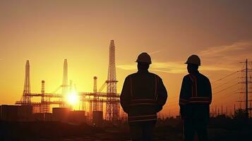 ingenieur instrueren bouw bemanningen naar werk veilig Aan verhoogd terrein te midden van een pittoreske zonsondergang foto